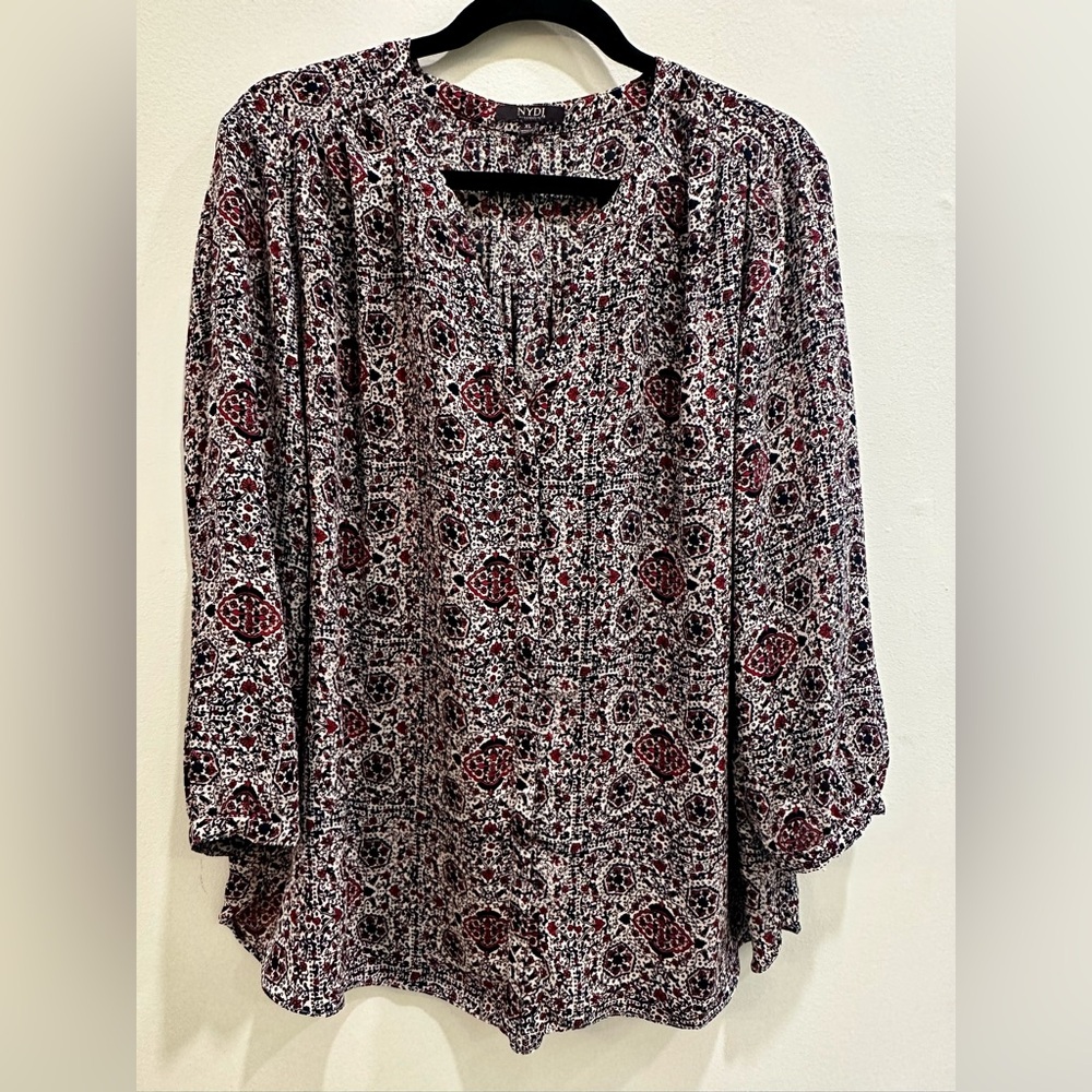 NYDJ - Black and Red Patterned Blouse with hidden buttons
